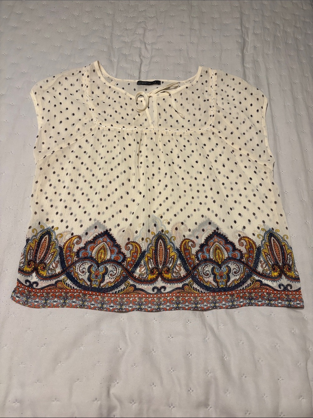 Suzy Shier Cream Boho Border-Print Cap Sleeve Top